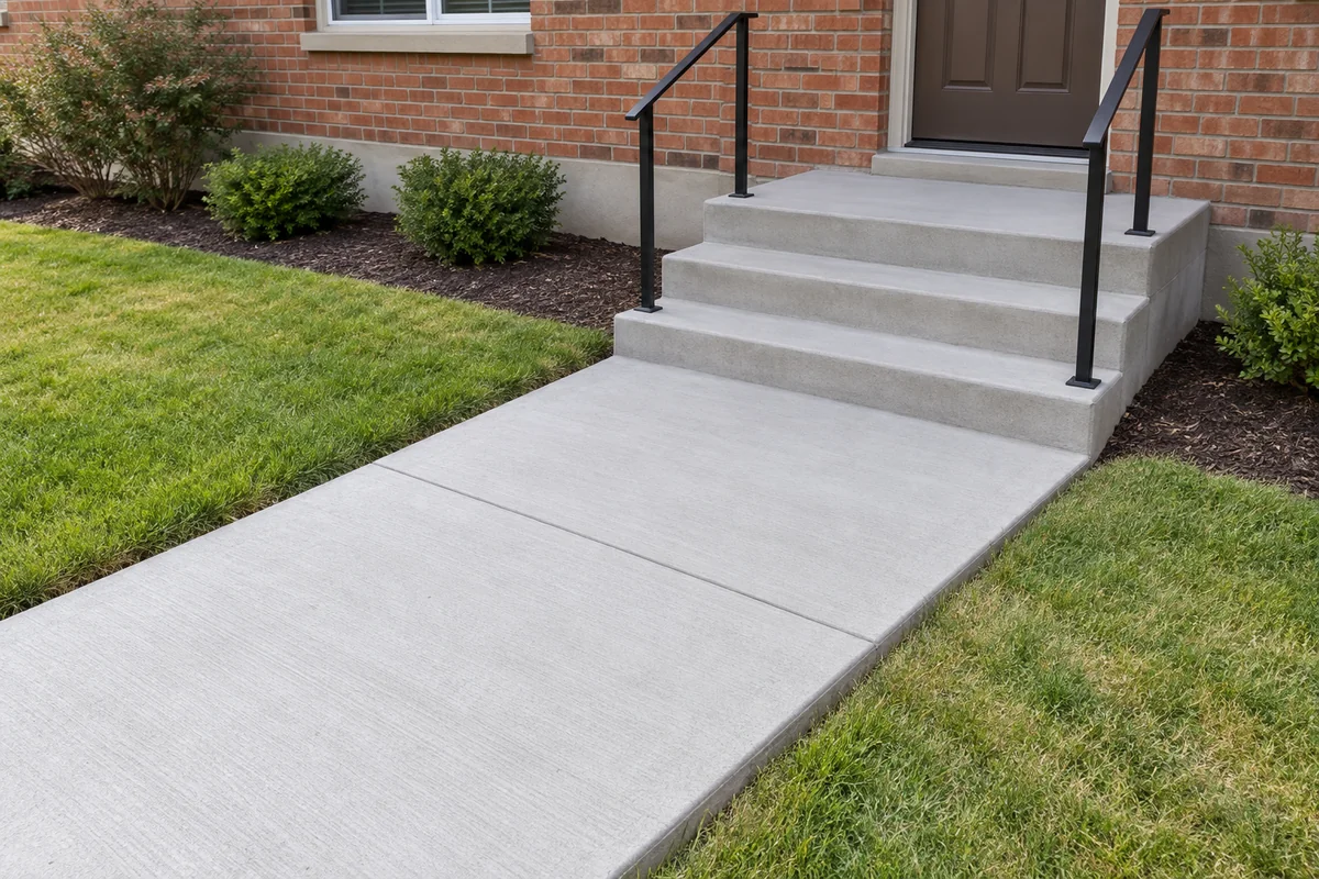 Broom-finished concrete path and three entry steps beside a brick home