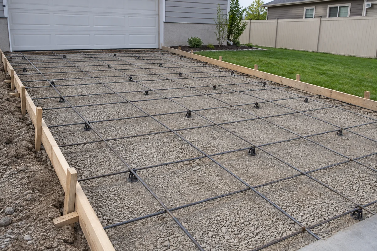 Prepared driveway base, timber forms and supported steel reinforcement before concrete placement