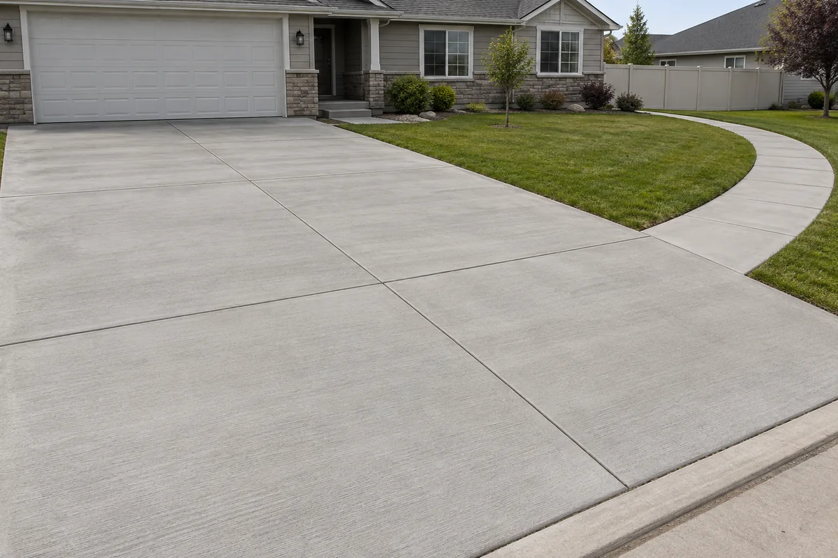 Concrete driveway and a turning sidewalk beside an ordinary residential lawn