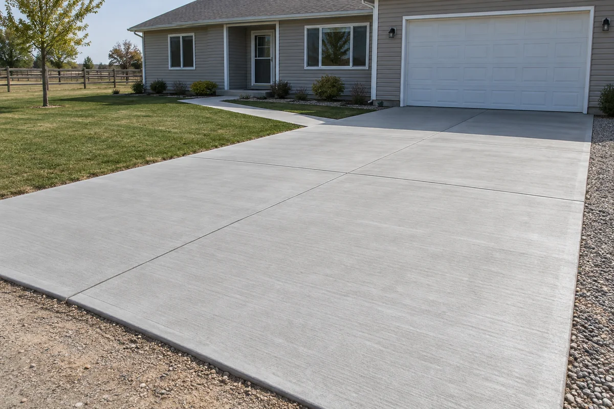 Broad concrete driveway and connected front walkway beside a modest home
