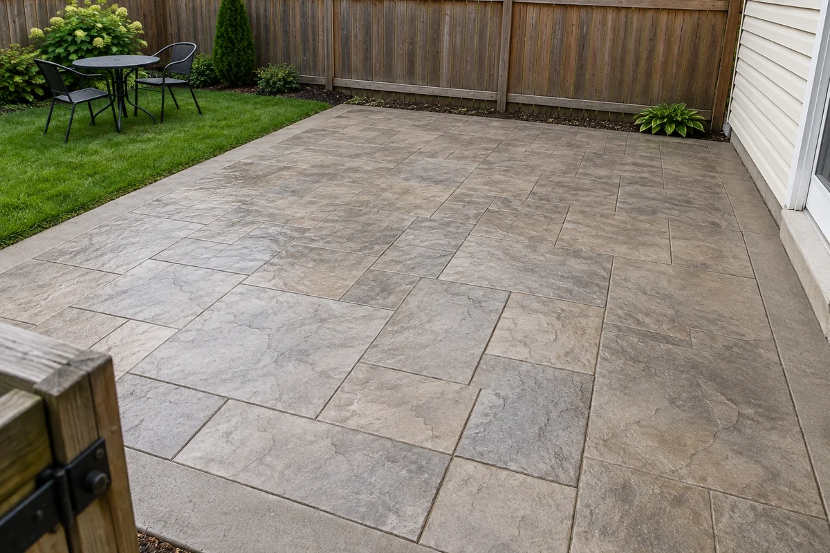 Tan-gray stamped concrete patio with a defined edge in a simple backyard