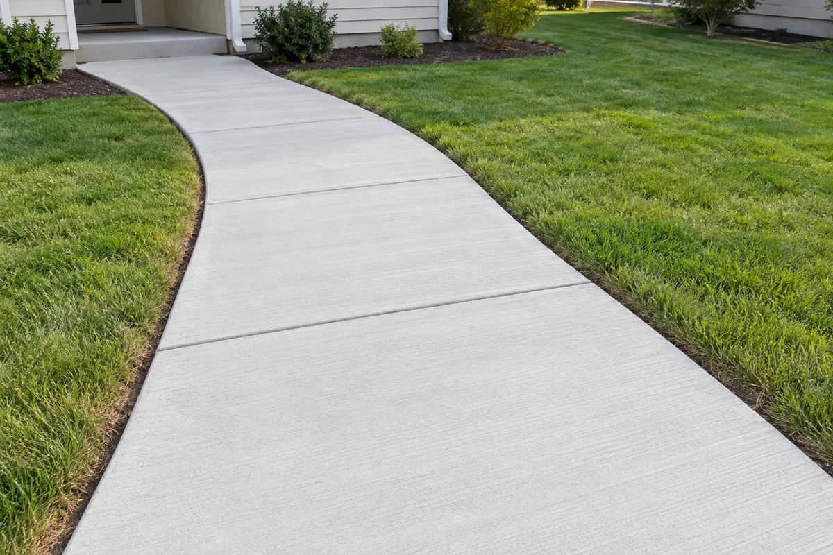 Curving concrete walkway connecting a plain lawn to a residential entrance