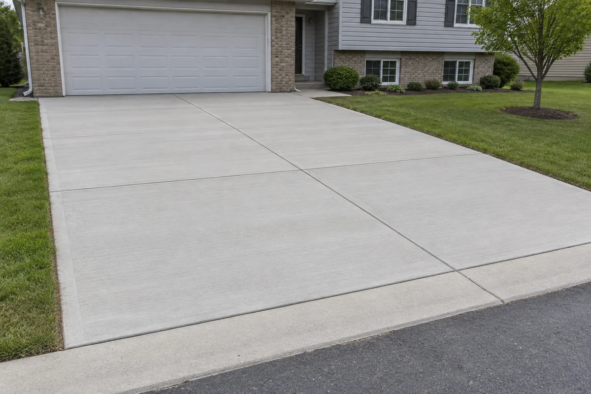 Wide concrete replacement driveway with straight control joints outside a split-level home