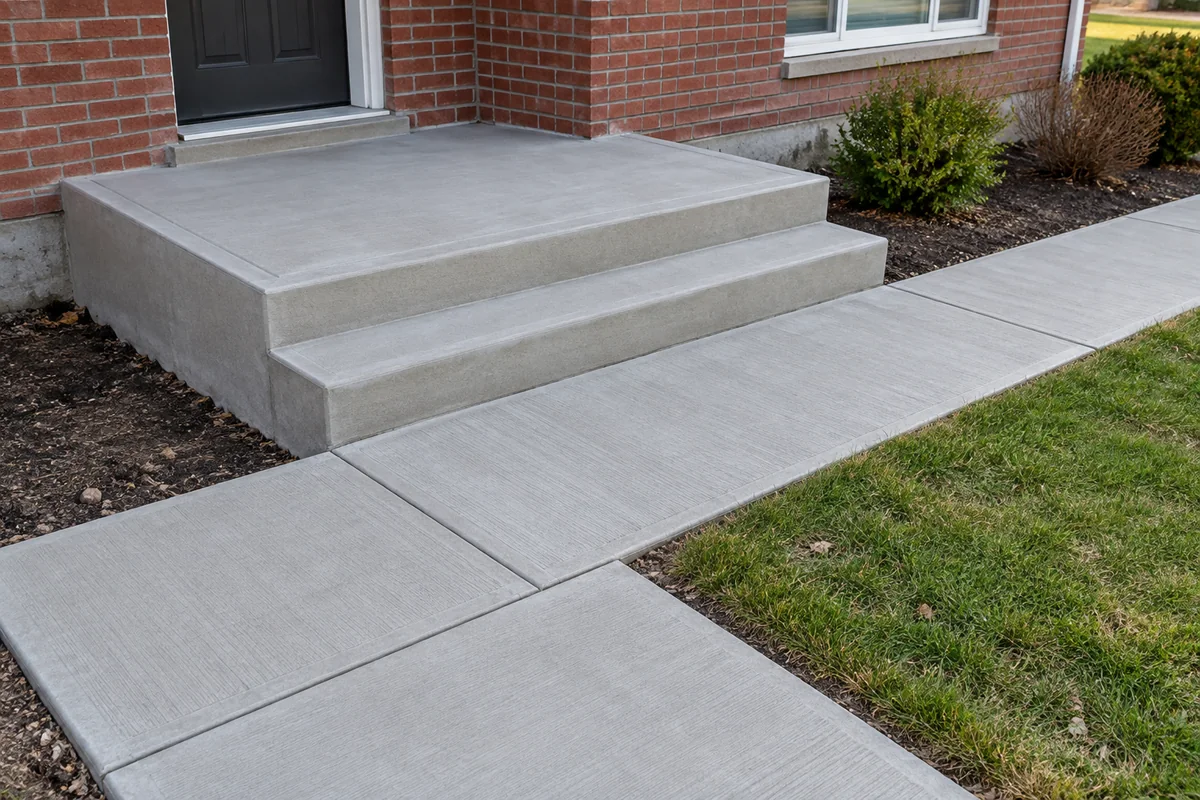 Concrete entry landing, two risers and a walkway beside a red brick home