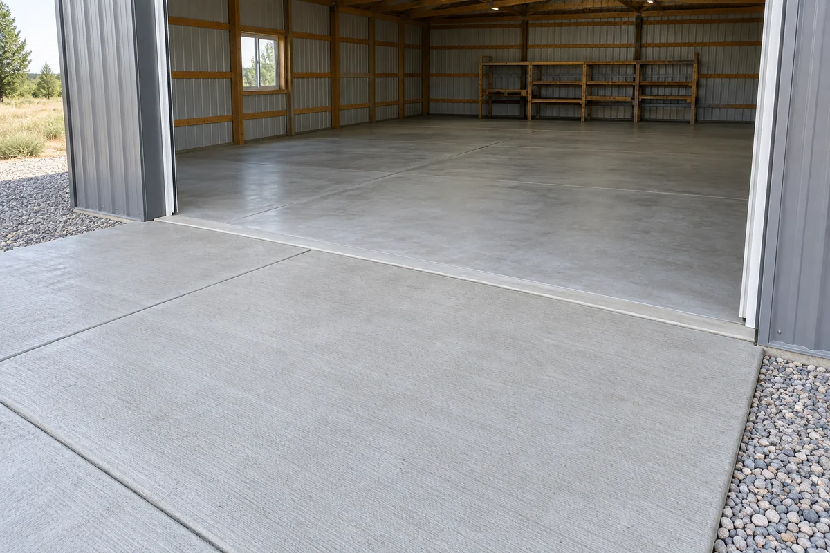 Concrete workshop slab and broom-finished apron with clear edges