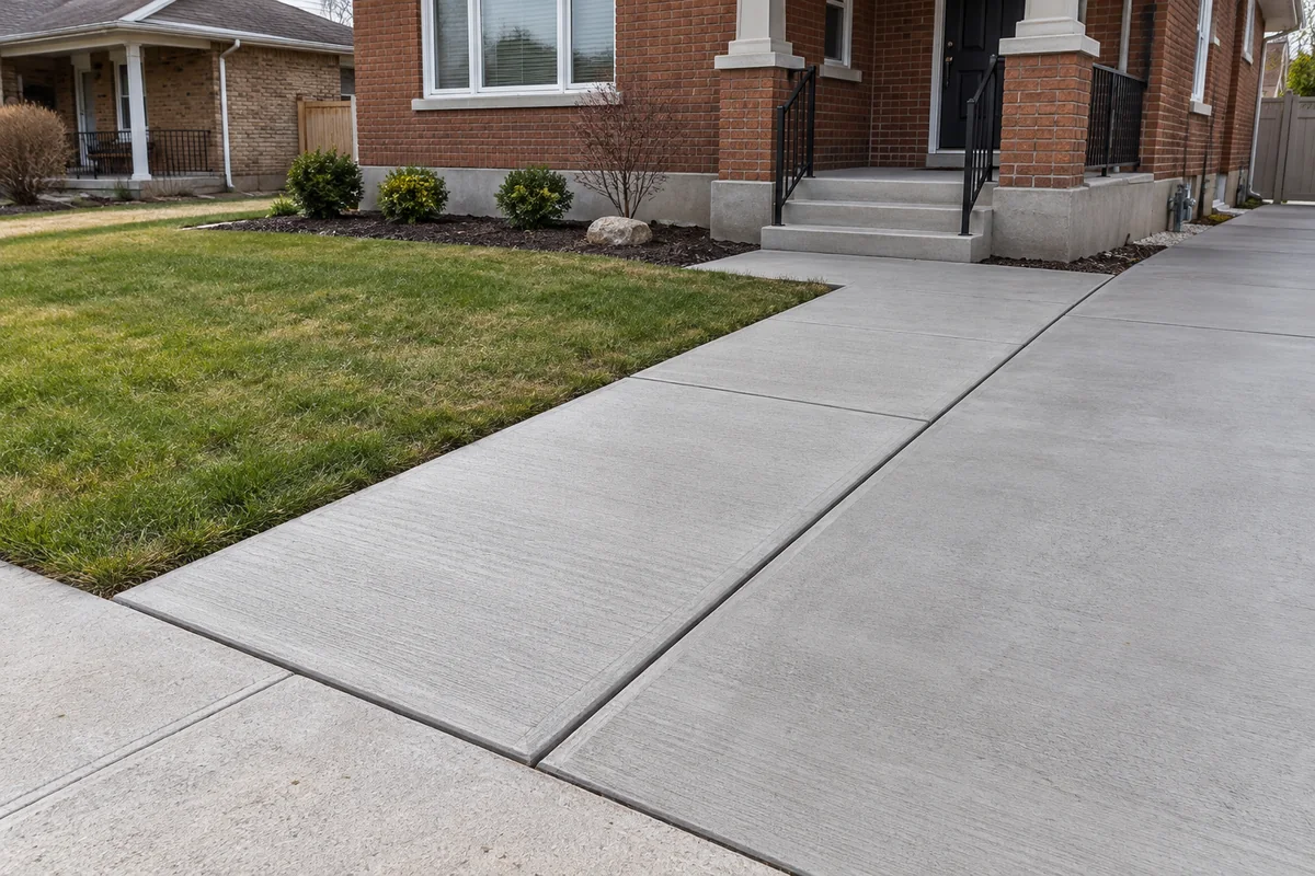 Concrete front walkway and apron at a modest brick bungalow