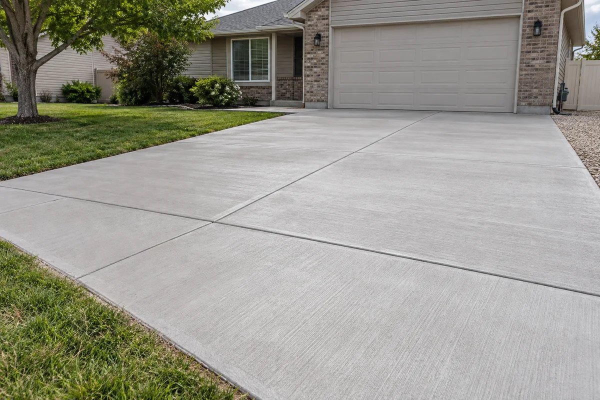 Wide broom-finished concrete driveway approaching a residential garage