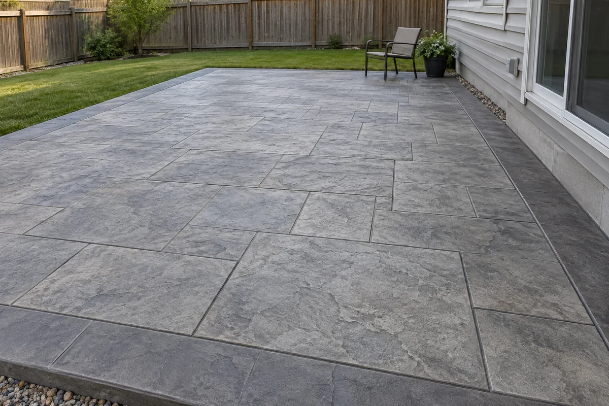 Gray stamped concrete backyard patio showing the texture and finished edge