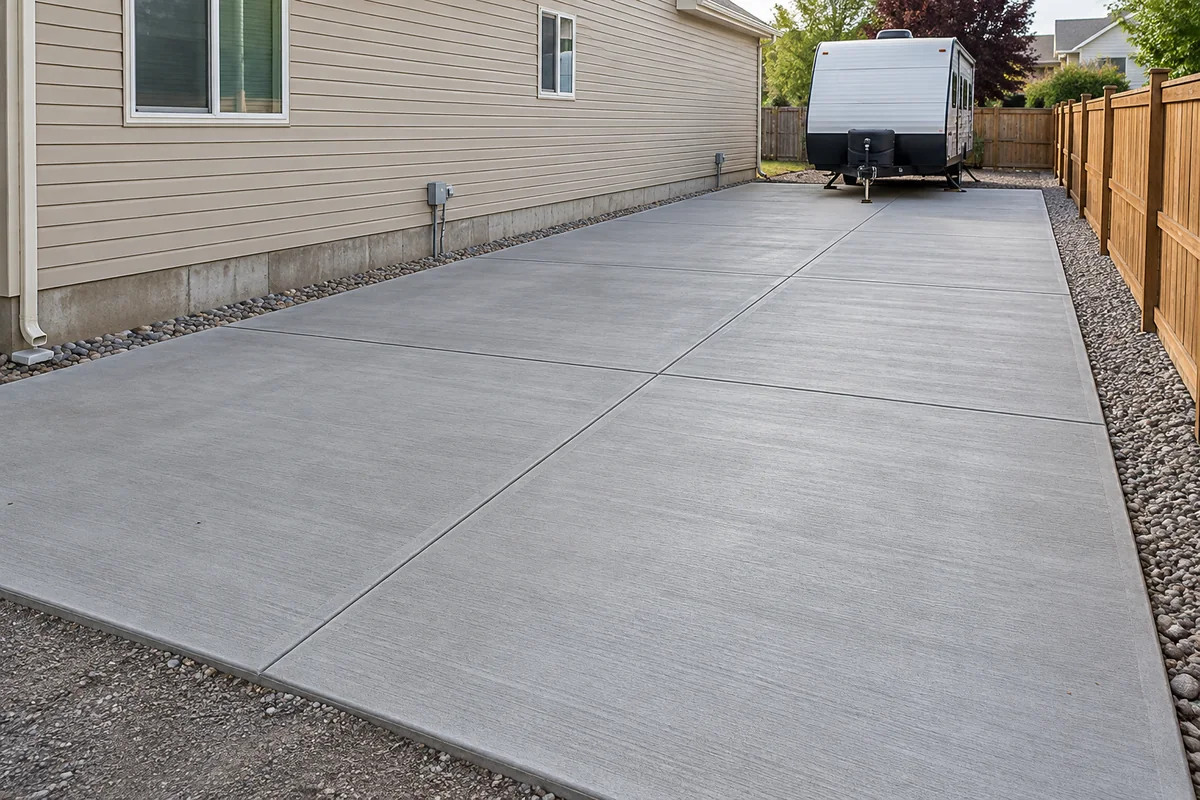 Concrete RV parking pad beside a home and fence with a camper at the rear