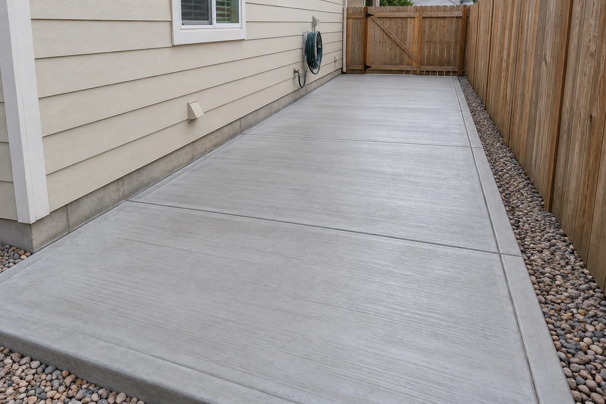 Concrete side-yard utility pad between a house and a wooden fence