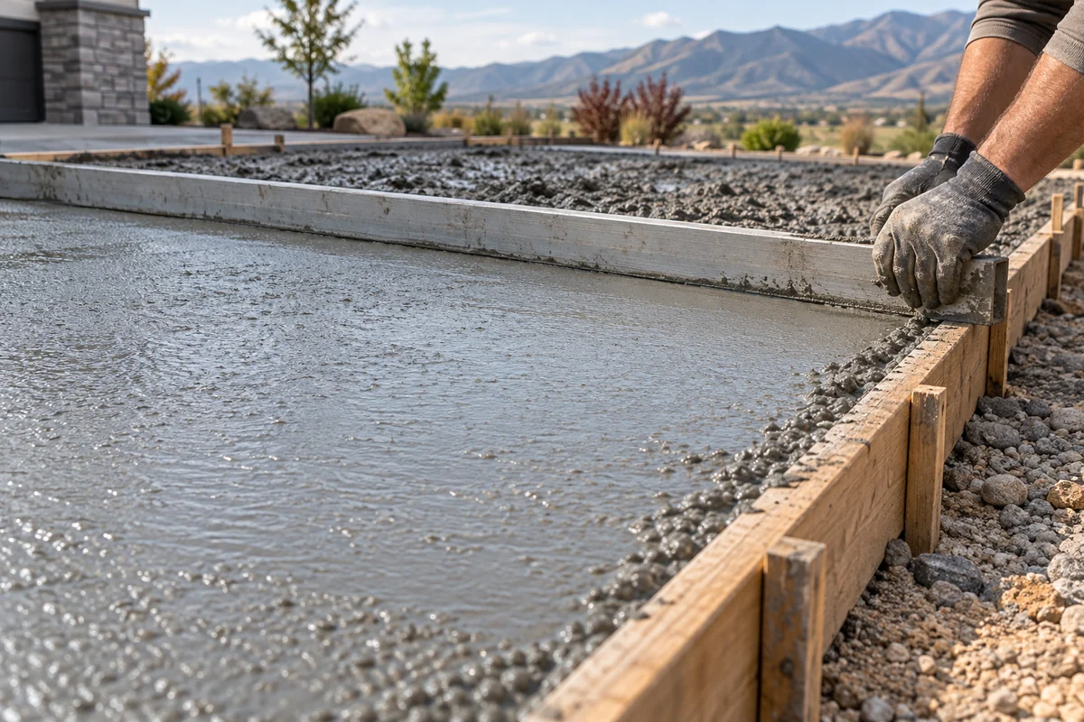 Concrete being placed and leveled within timber forms
