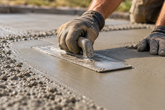 Hand trowel smoothing the edge of a fresh concrete surface