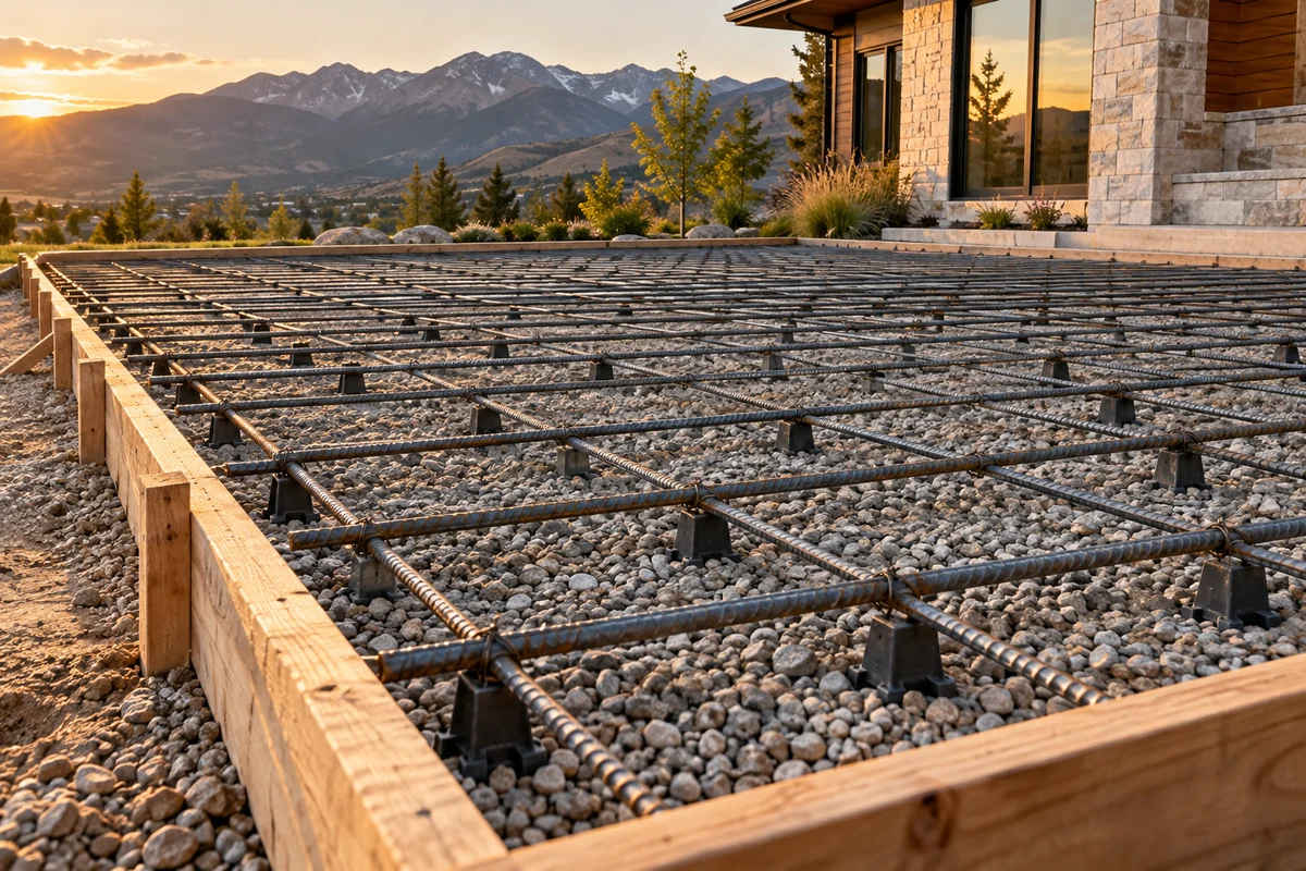 Compacted gravel base, timber forms and reinforcement before concrete placement